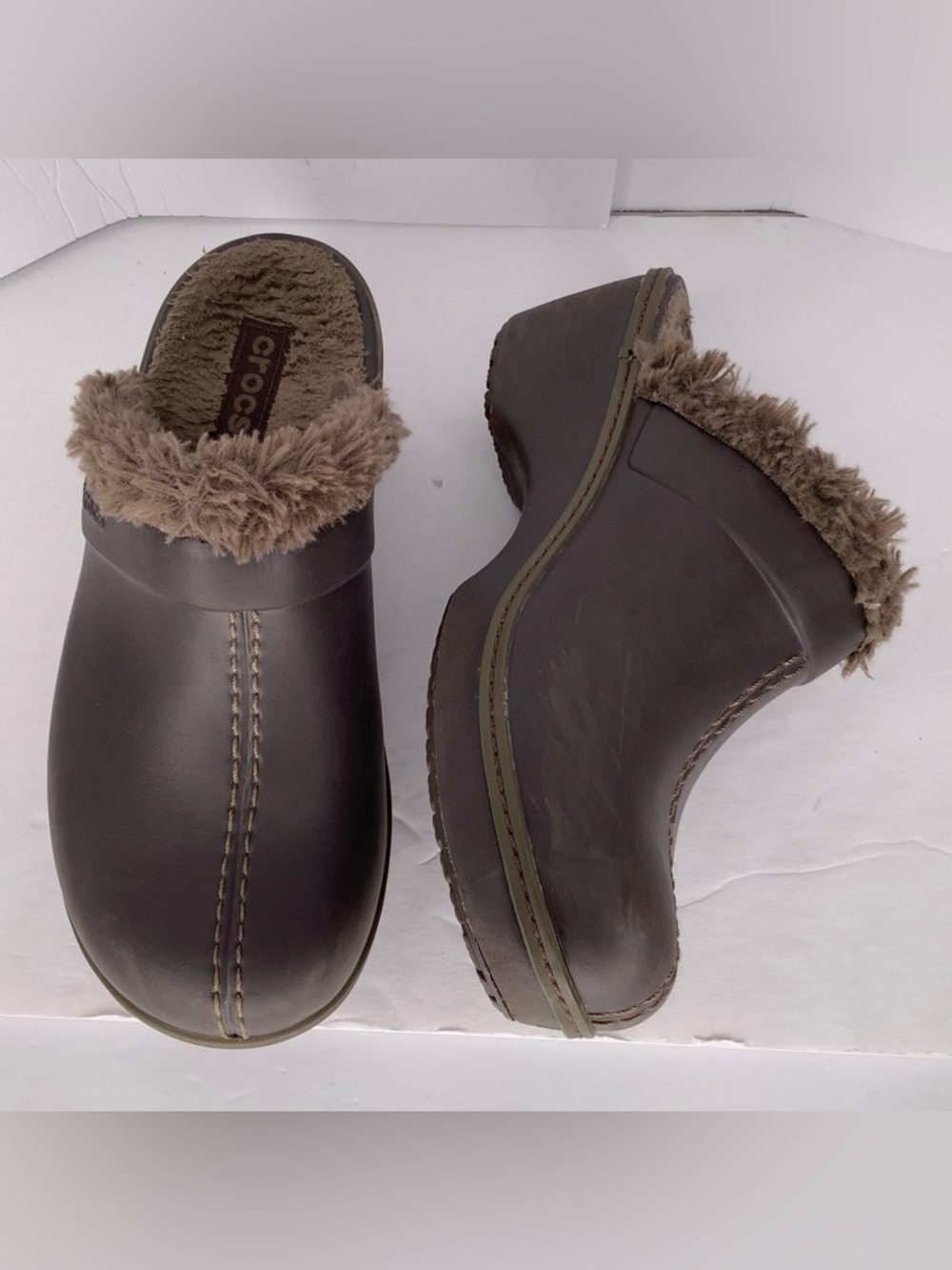 Crocs Slip On Mule Clogs Faux Fur Brown Women’s Shoes Sz W7 Cozy Cottagecore